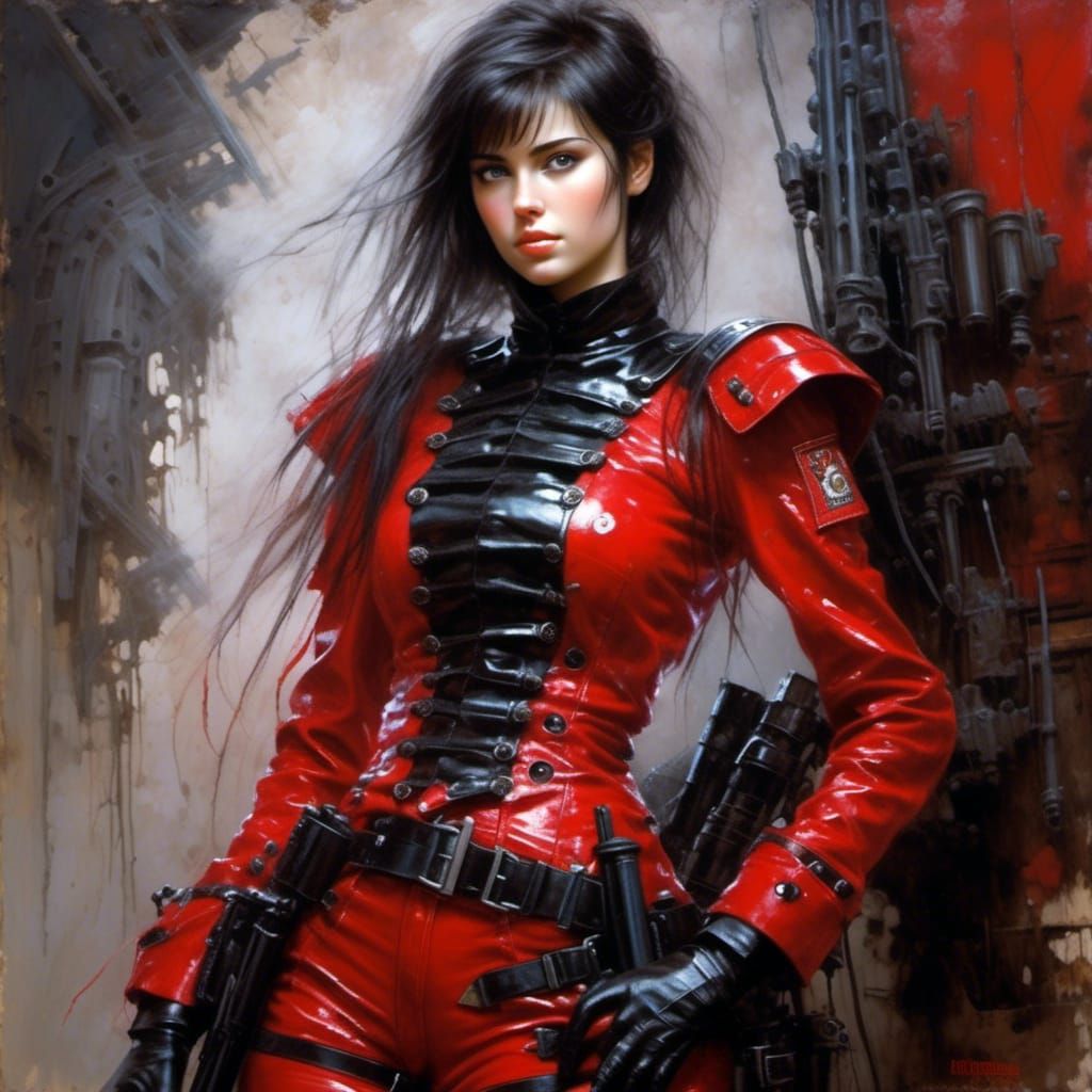 Female Soldier in Latex Uniform, Oil Painting Style
