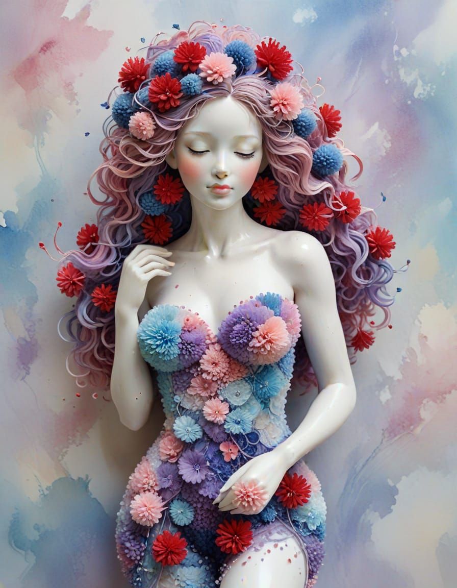 Intricate Pom Pom Sculpture of a Graceful Female Figure