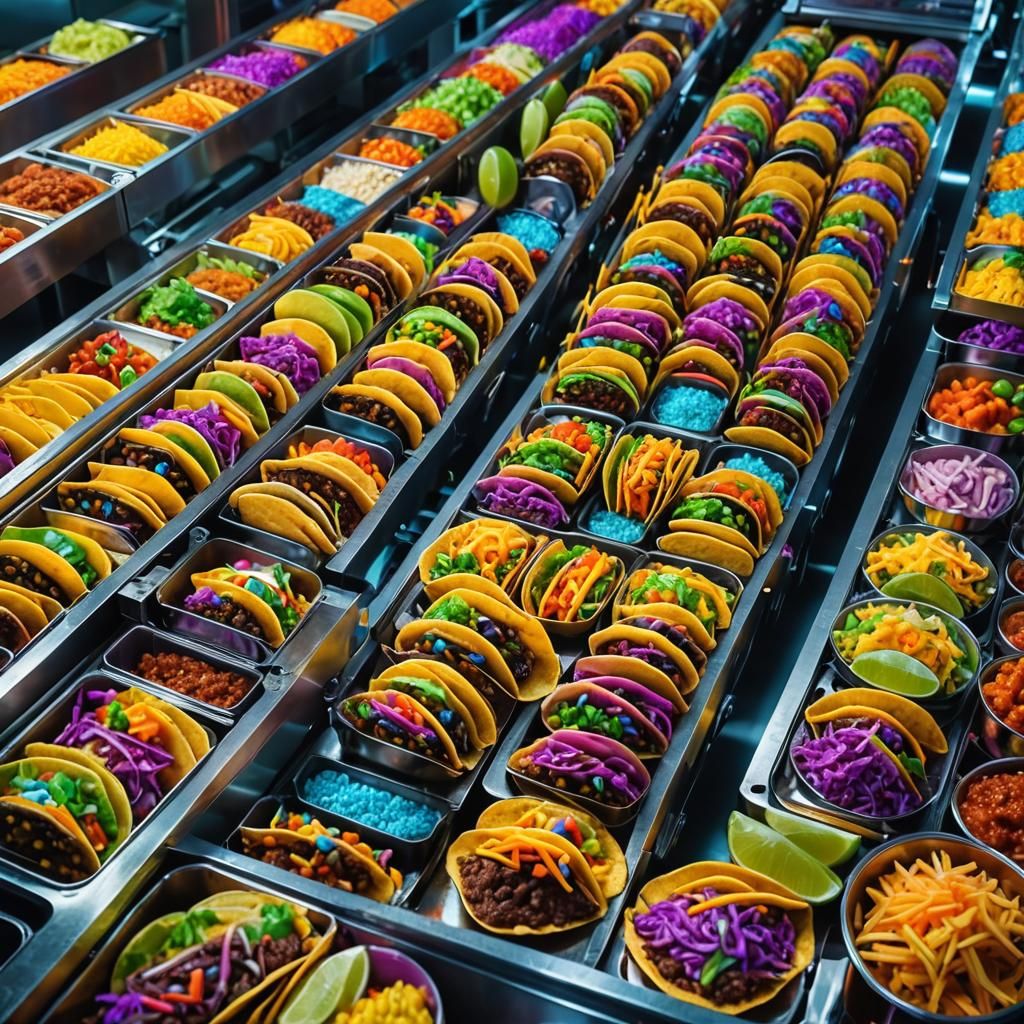 Surreal Futuristic Taco Assembly Line in Abstract Expression...