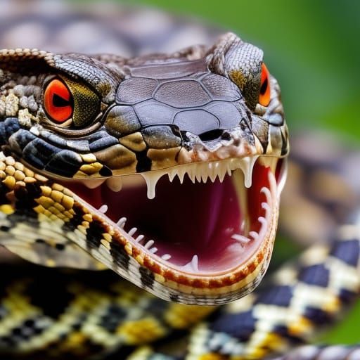Extreme closeup of a boa constrictor snakes wide open mouth, a milky white fluid drips from fangs.