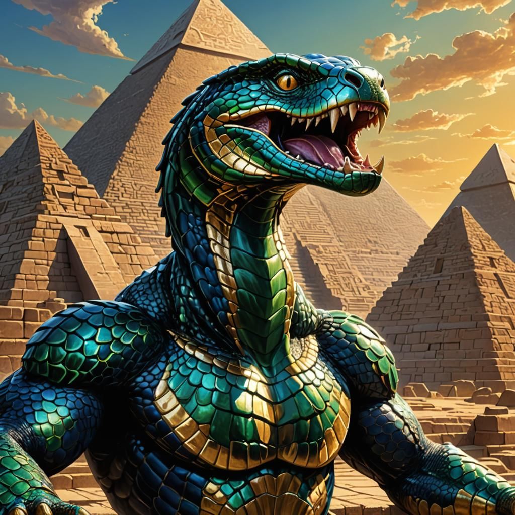 Majestic King Cobra Rearing Before Pyramids in Comic Art