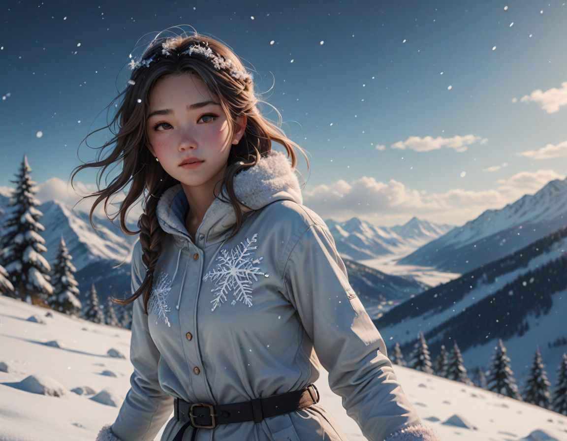 Girl Sinks into Serene Snow Angel in Majestic Mountain Lands...