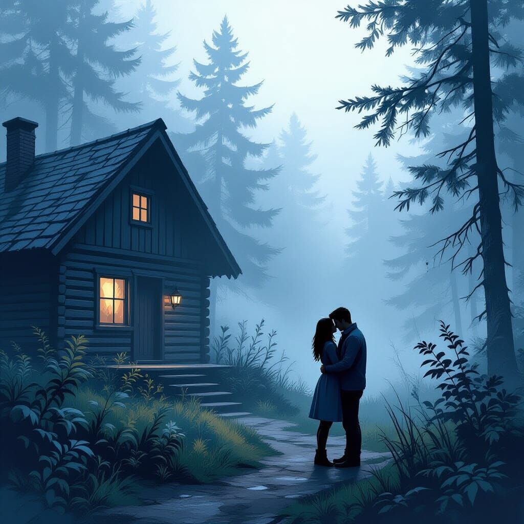 Couple in Foggy Forest at Dawn, Graphic Novel Style