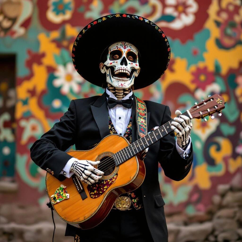 Festive Skeleton Singer with Guitar in Folk Art Style