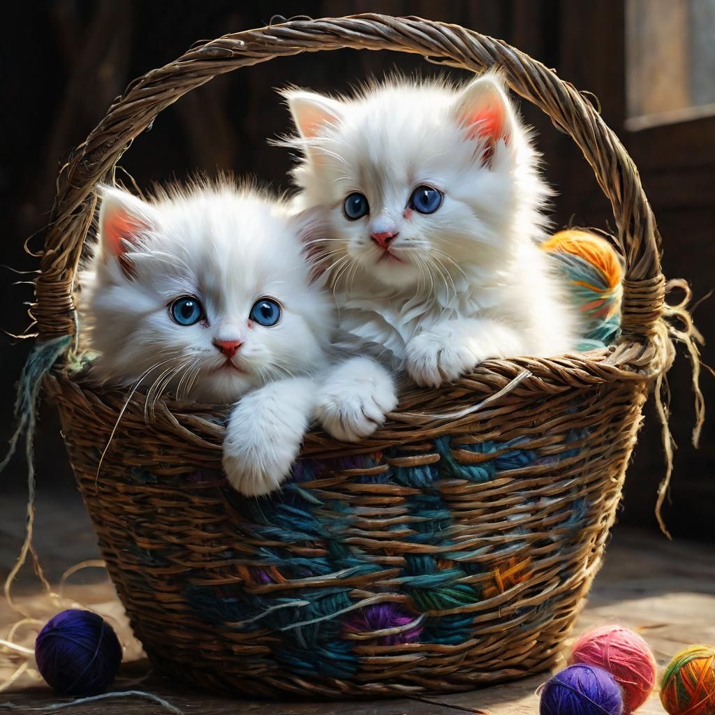 Two White Kittens Playing with Yarn, Matte Painting