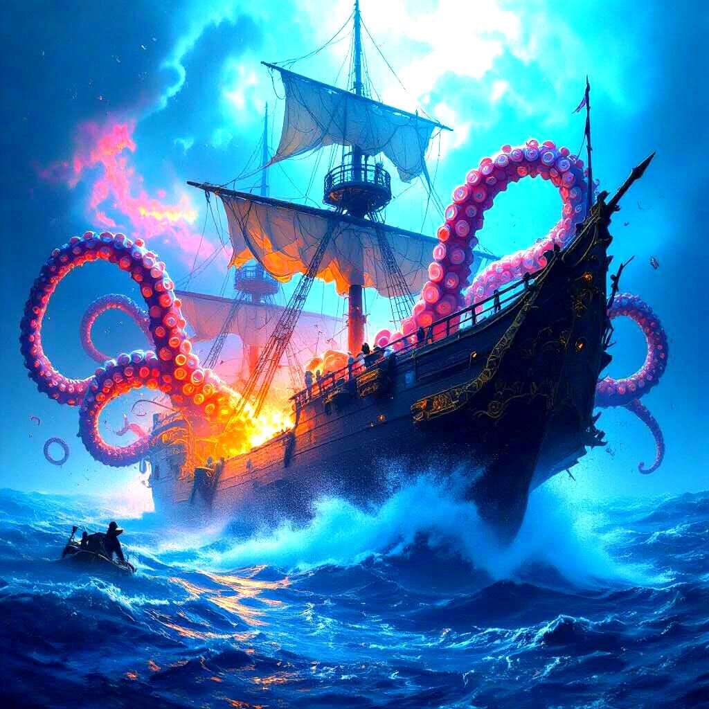 Massive Ship Attacked by Giant Squid in Deep Ocean