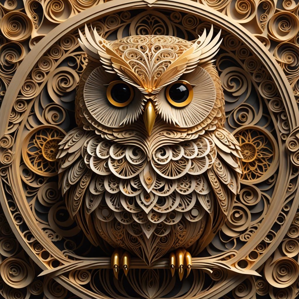 Whimsical Golden Owl in Paper Art
