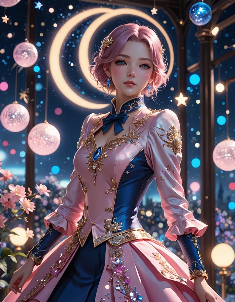 Pink and Blue Suit with Moon Bokeh, 3D Anime