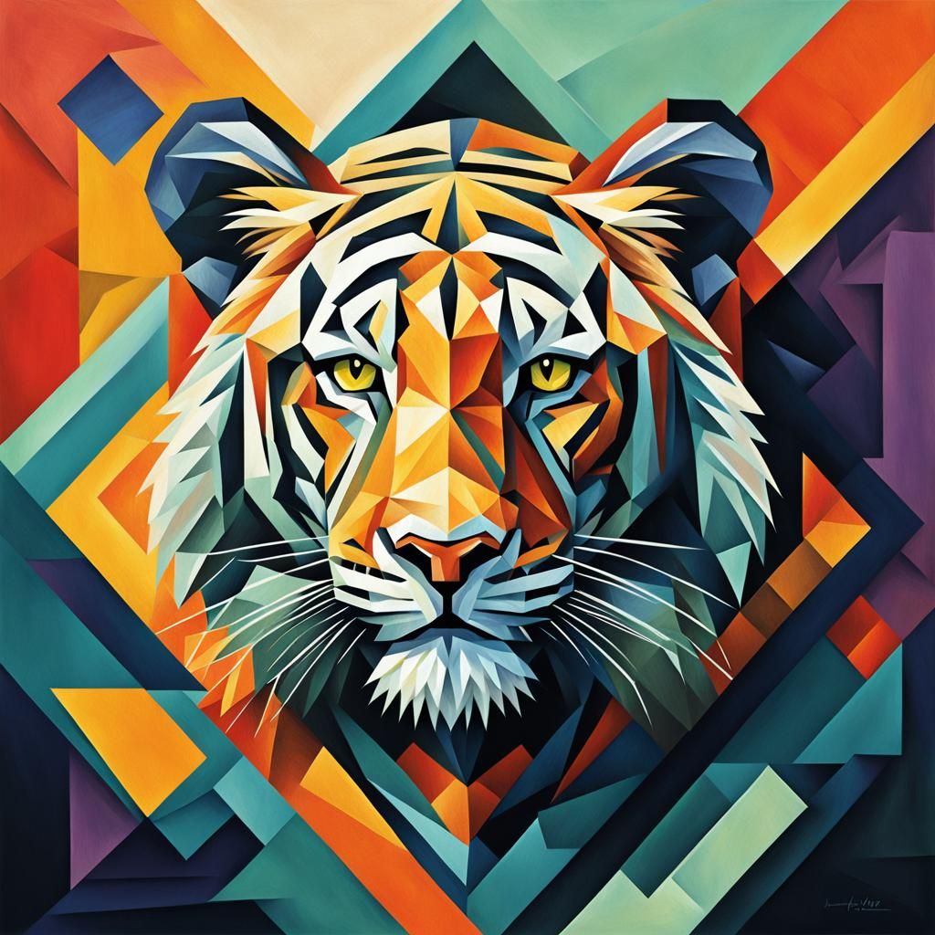 Geometric Tiger Portrait in Cubist Art Deco Style