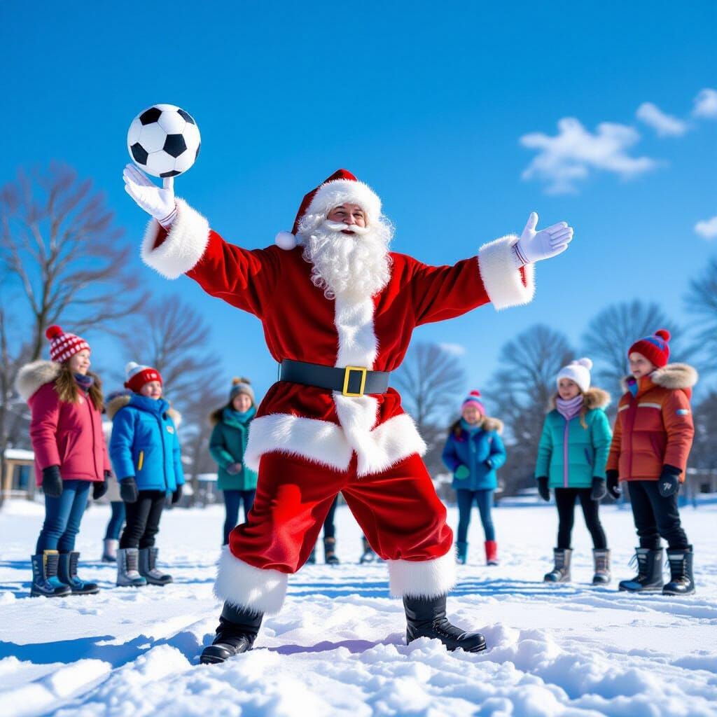 Santa Claus Plays Soccer With Children in Snowy Field