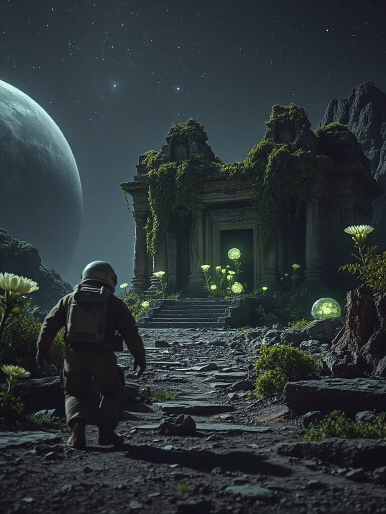 Astronaut Discovers Alien Temple in Luminescent Flora