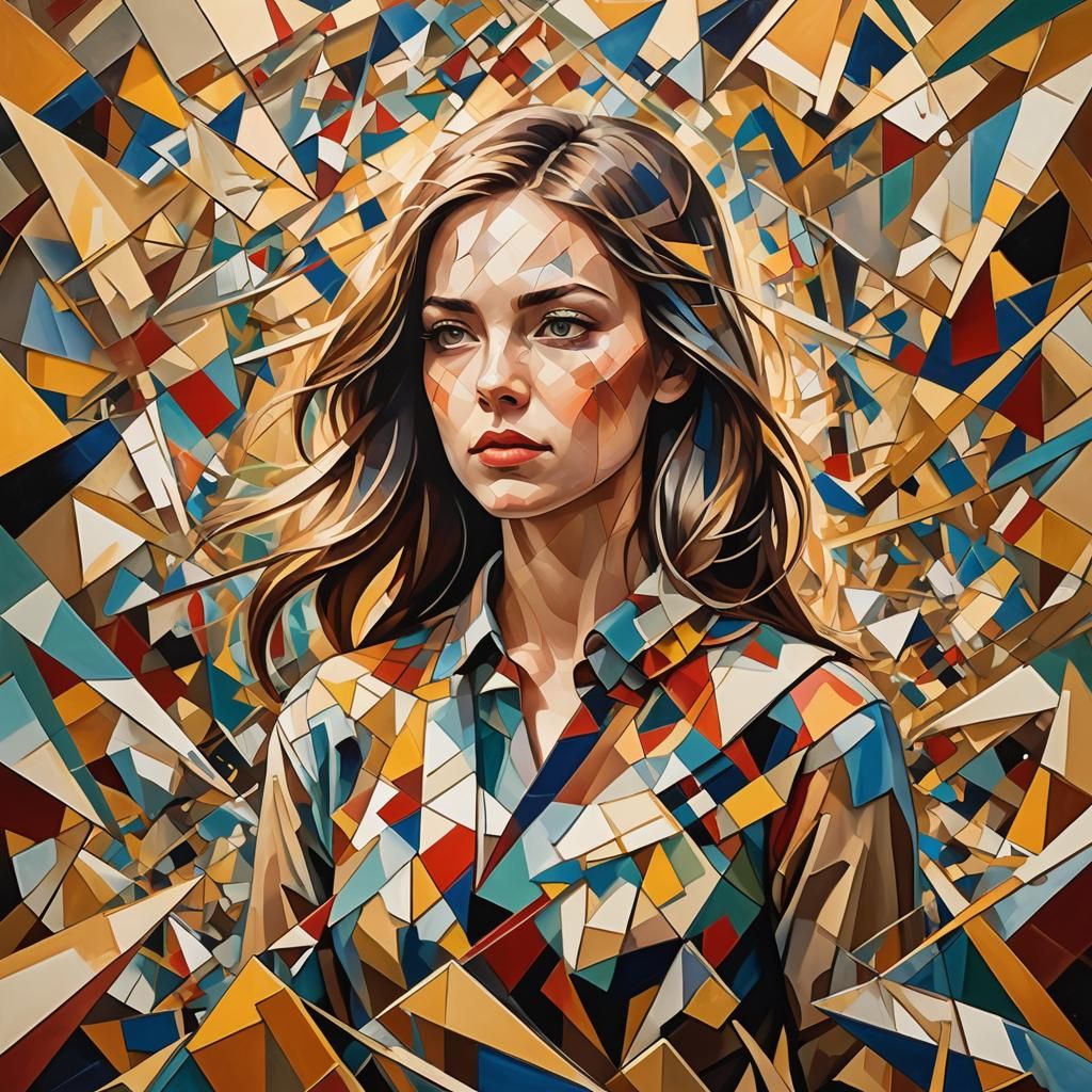 Abstract Cubism: Woman in Fragmented Geometric Room