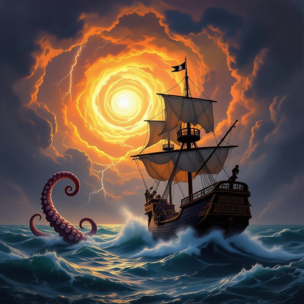 Pirate Ship Battles Kraken Vortex in Stormy Seas