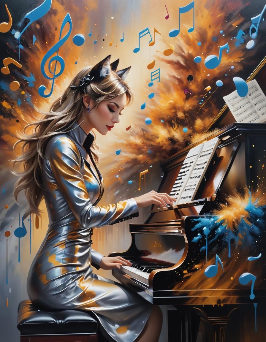 Svelte Catgirl Pianist in Vivid Oil Painting