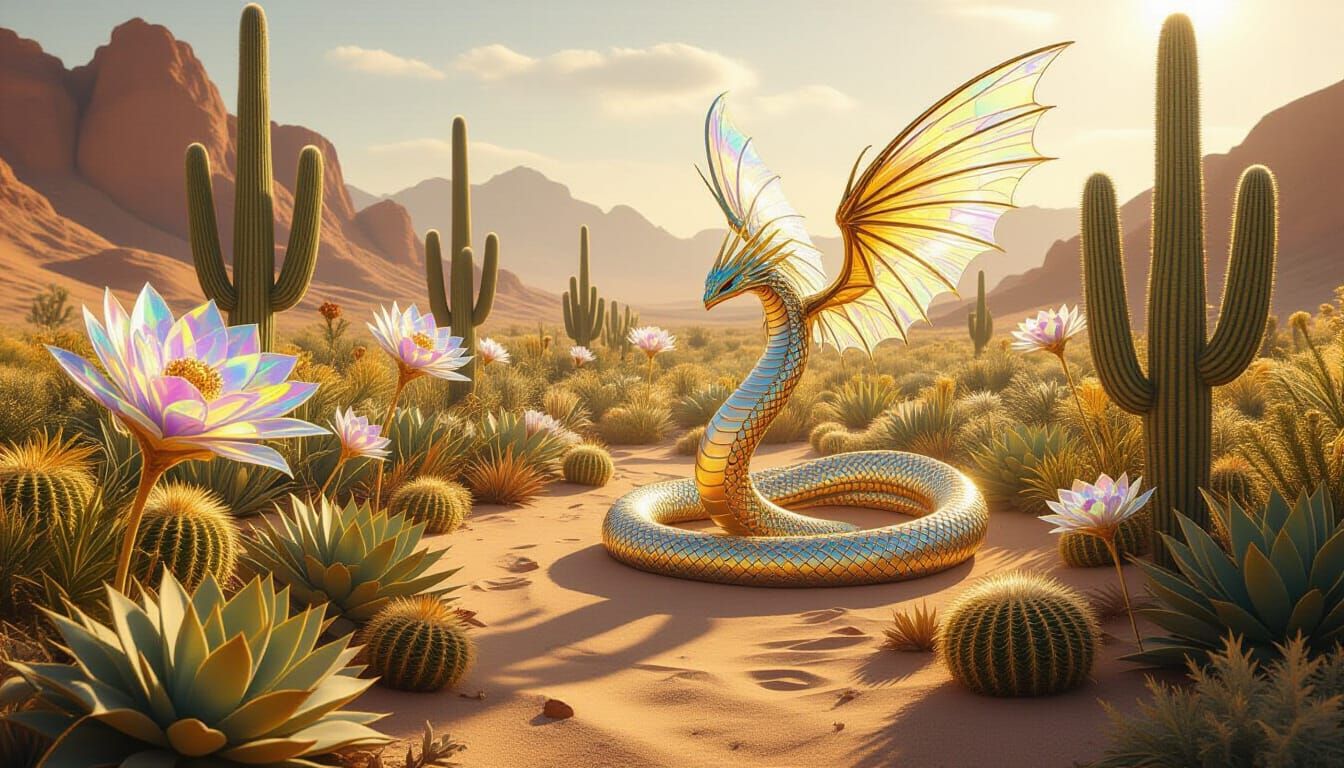 Enchanted Desert Garden with Winged Serpent