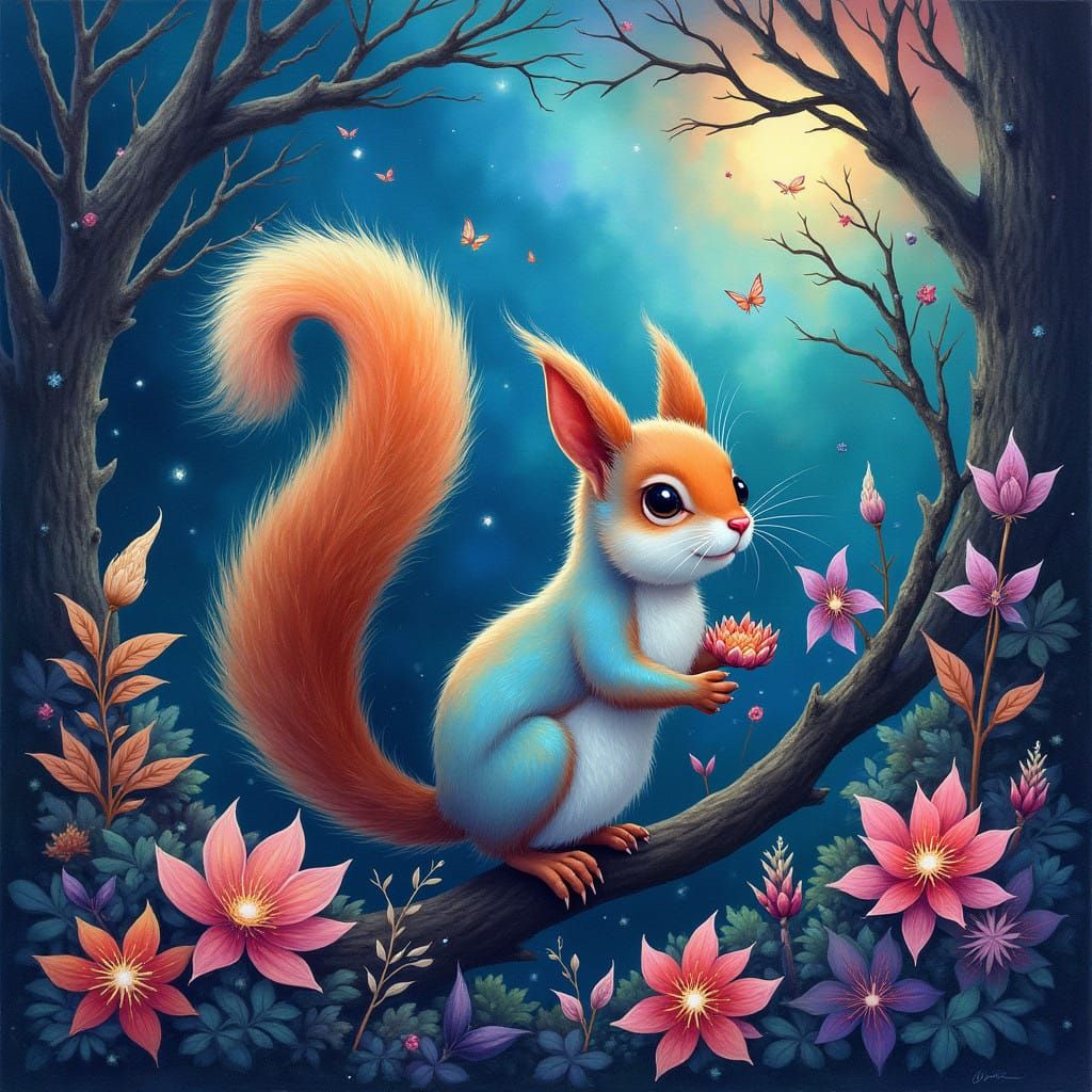 Whimsical Dreamlike Squirrel in Vibrant, Mythological Landsc...