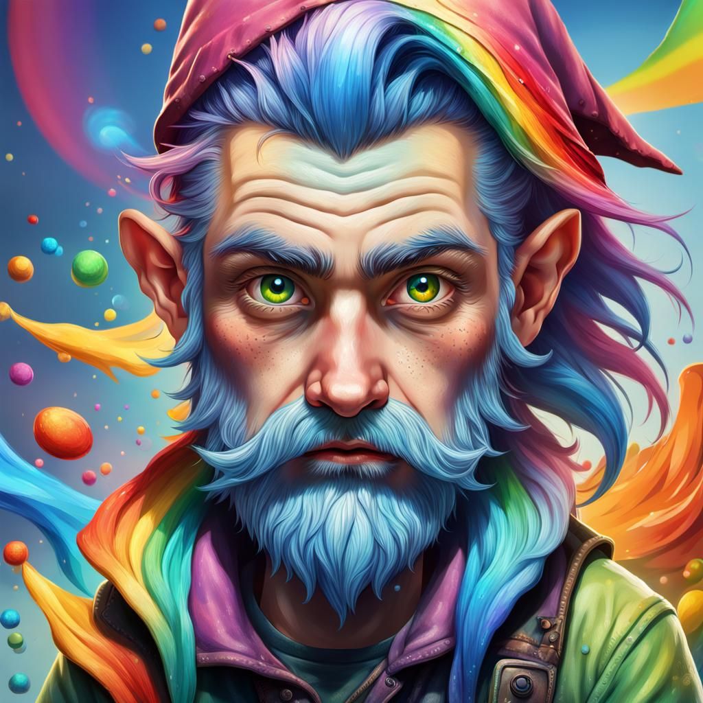 Detailed Gnome Male with Rainbow Hair