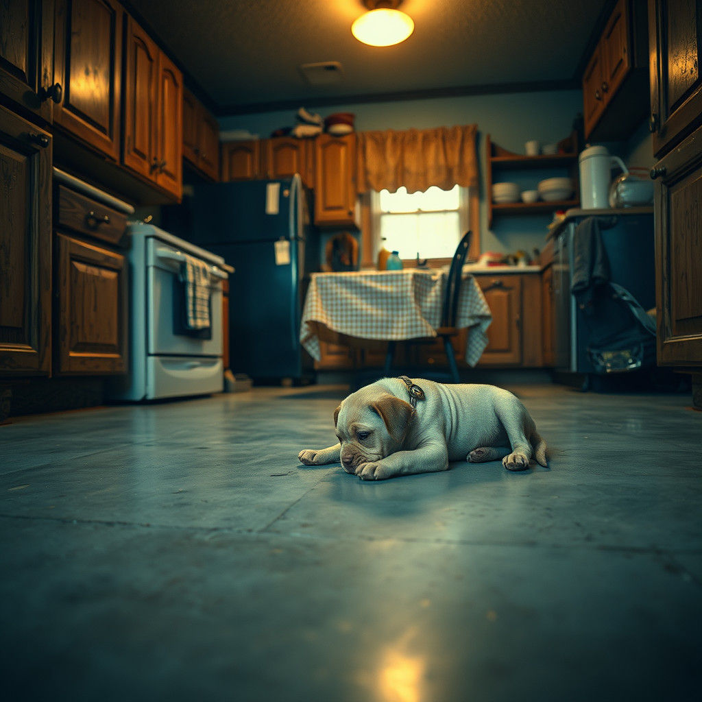 Lonely Puppy in Rustic Kitchen: Cinematic Realism
