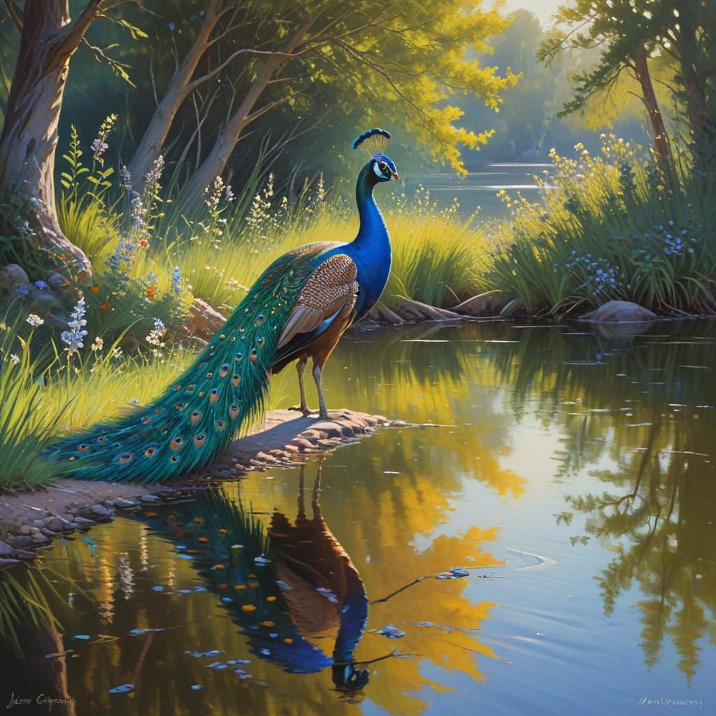 Surreal Lakeside Peacock Portrait in Oil Painting Style