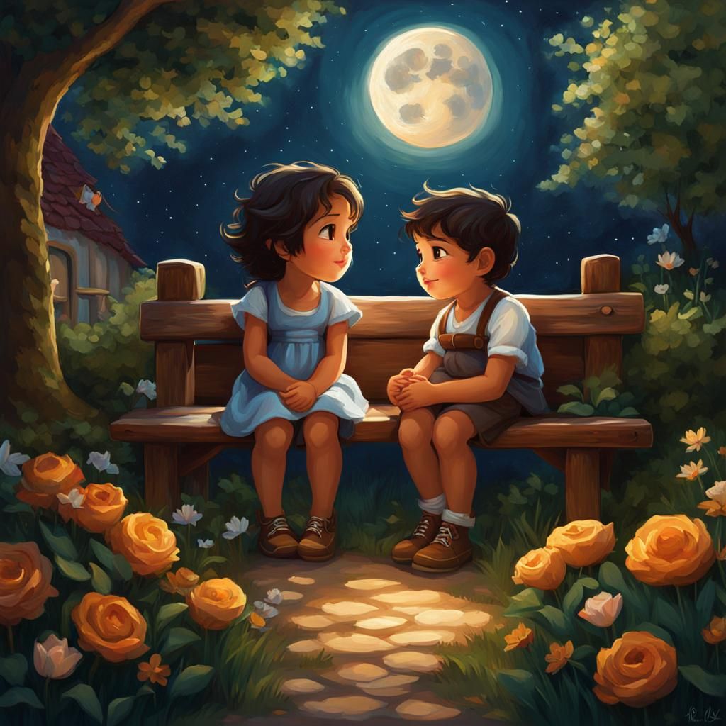 Chibi Friends in Whimsical Garden, Digital Oil Painting