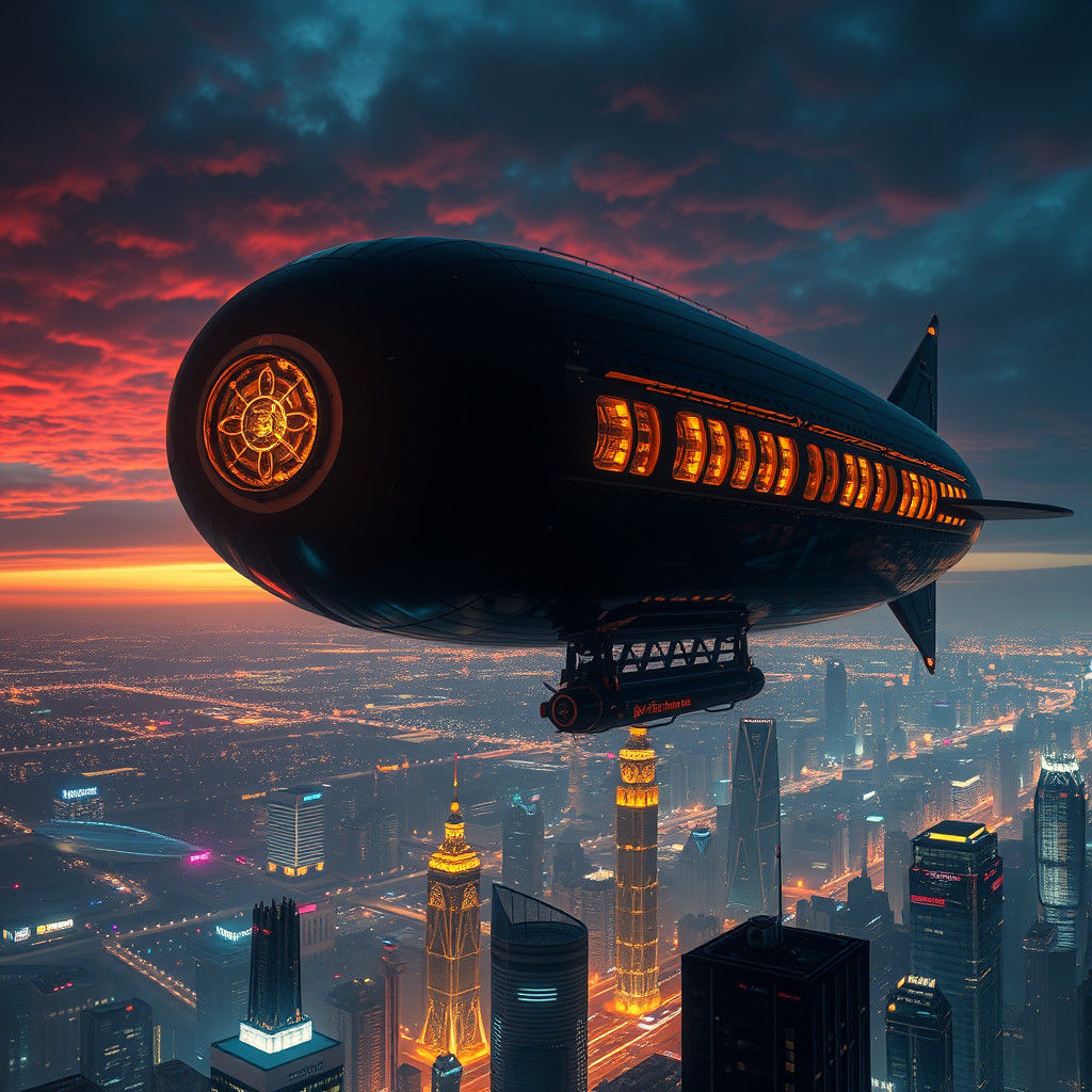 Futuristic Airship Soaring Over City at Night