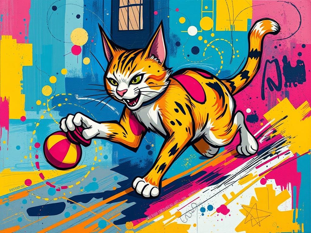 Joyful Feline Frenzy in Vibrant Abstraction