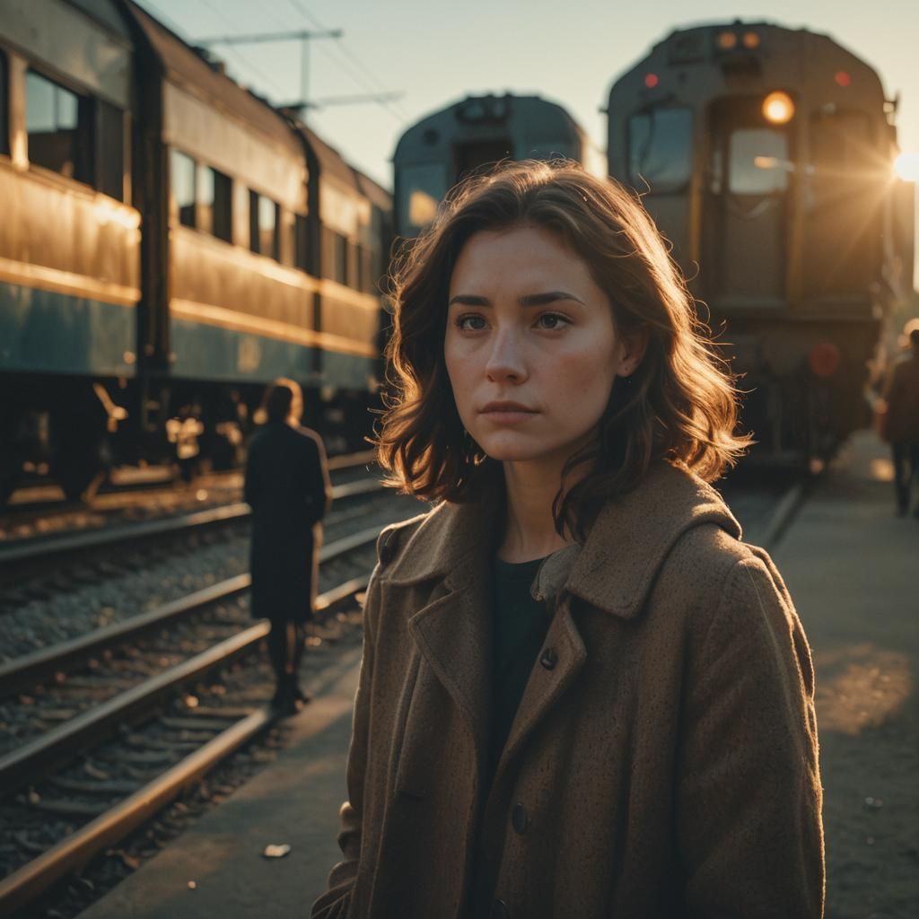 Nostalgic Film Still: Man, Photo, and Disappearing Train