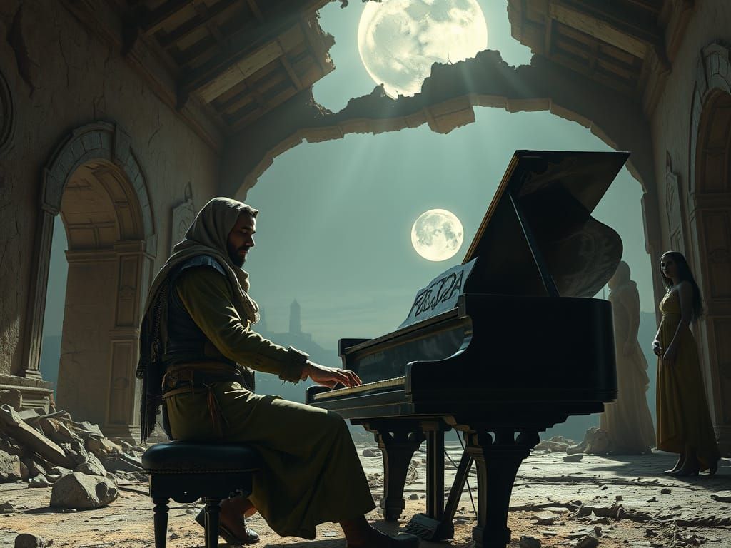 Desert Nomad Plays Piano in Ruined Temple Under Glowing Moon...