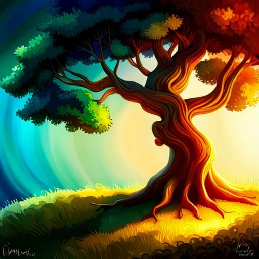 Fantasy Tree with Hyperrealistic Characters: Digital Art