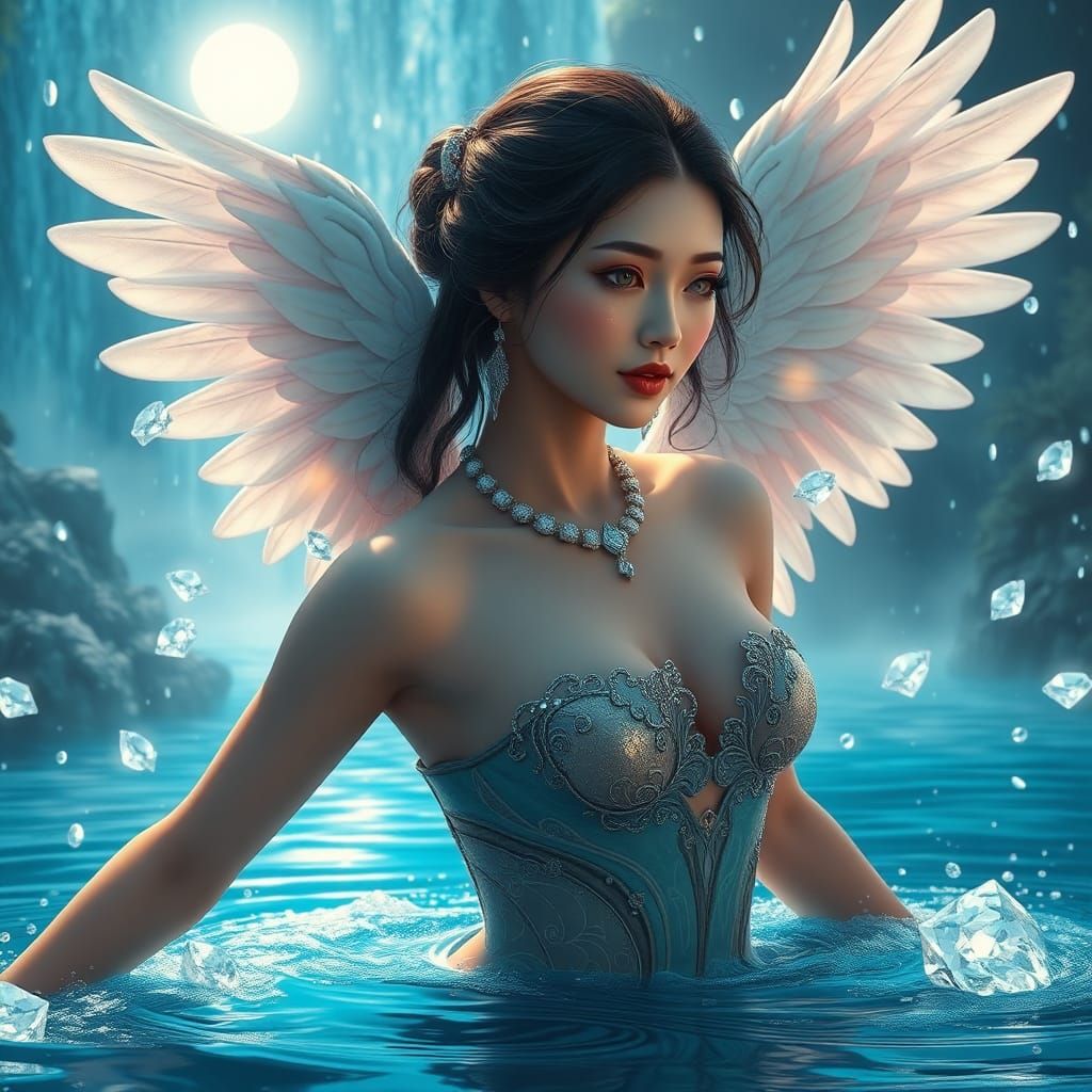 Chinese Kinnaree with Angel Wings in Diamond Rain