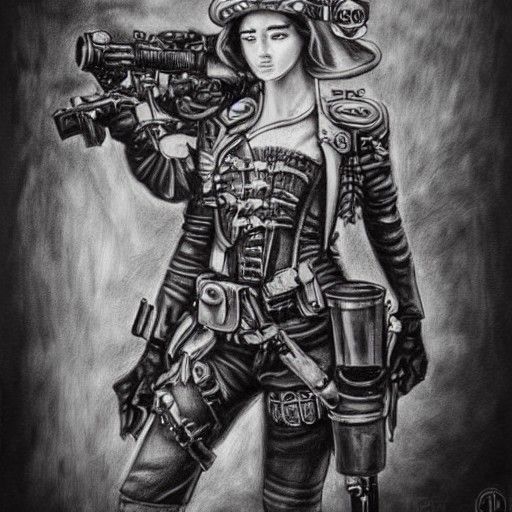 Steampunk Army Girl: Detailed Charcoal Drawing