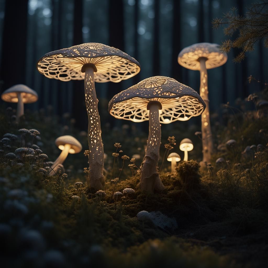 Delicate Lace Mushrooms in Forest at Dusk