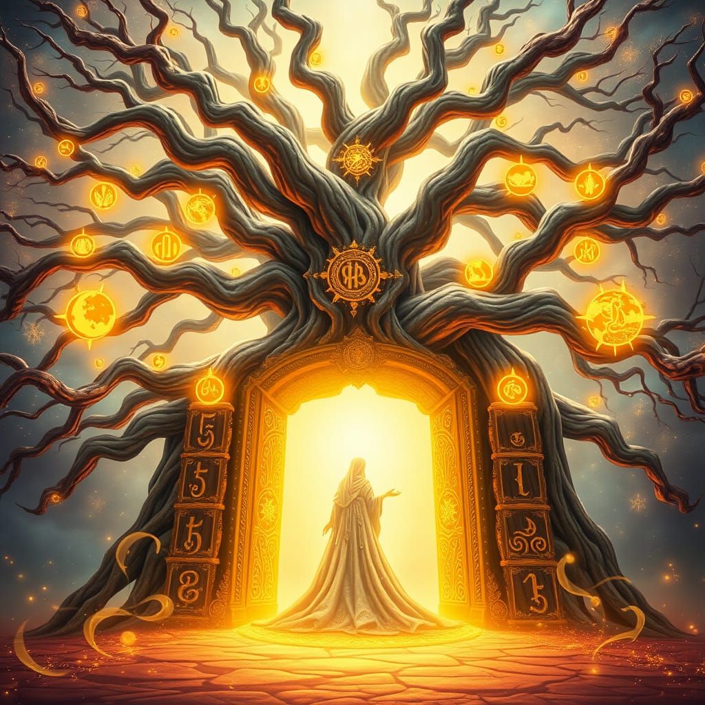 Ancient Tree Gateway to Heaven in Vibrant Neon Watercolor St...