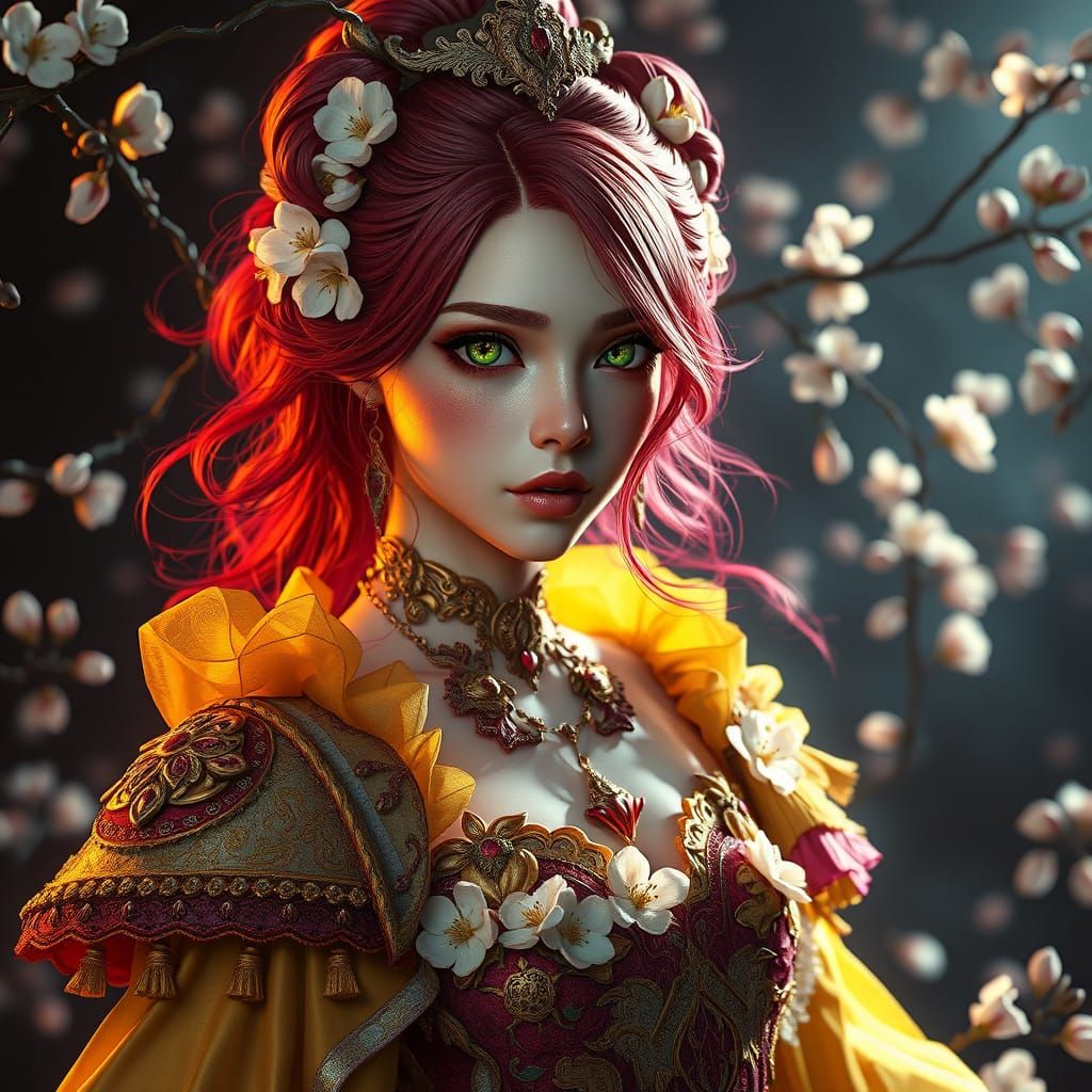 Dark Fantasy Almond Blossom Queen with Red Hair and Green Ey...