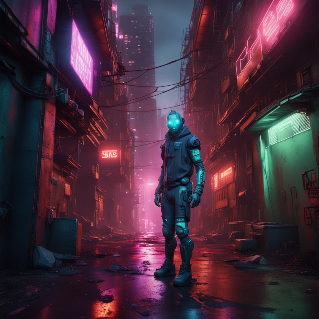 Cybernetic Remnants in a Futuristic Alleyway