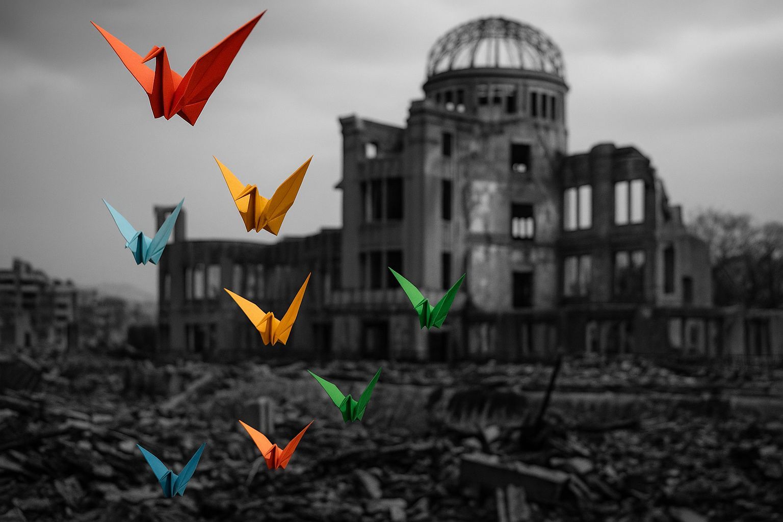 Origami Cranes Over Ruined Hiroshima