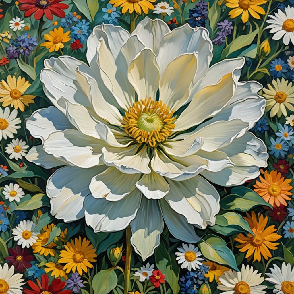 Impressionist White Flower in Colorful Flowerbed