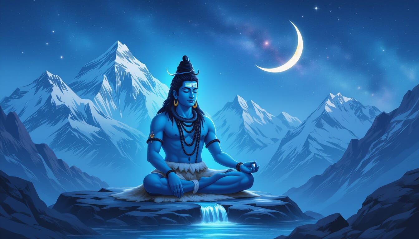 Lord Shiva Meditating on Mount Kailash in Digital Painting S...