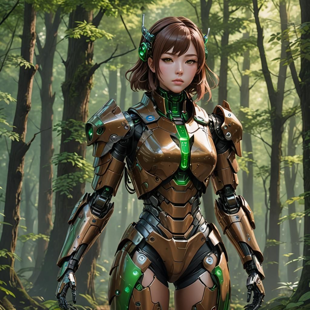 Armored Robot Girl in Forest, Anime Style