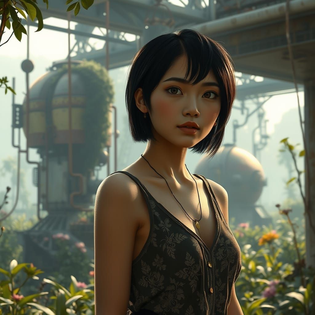 Thai Woman in Post-Apocalyptic Ghibli Garden