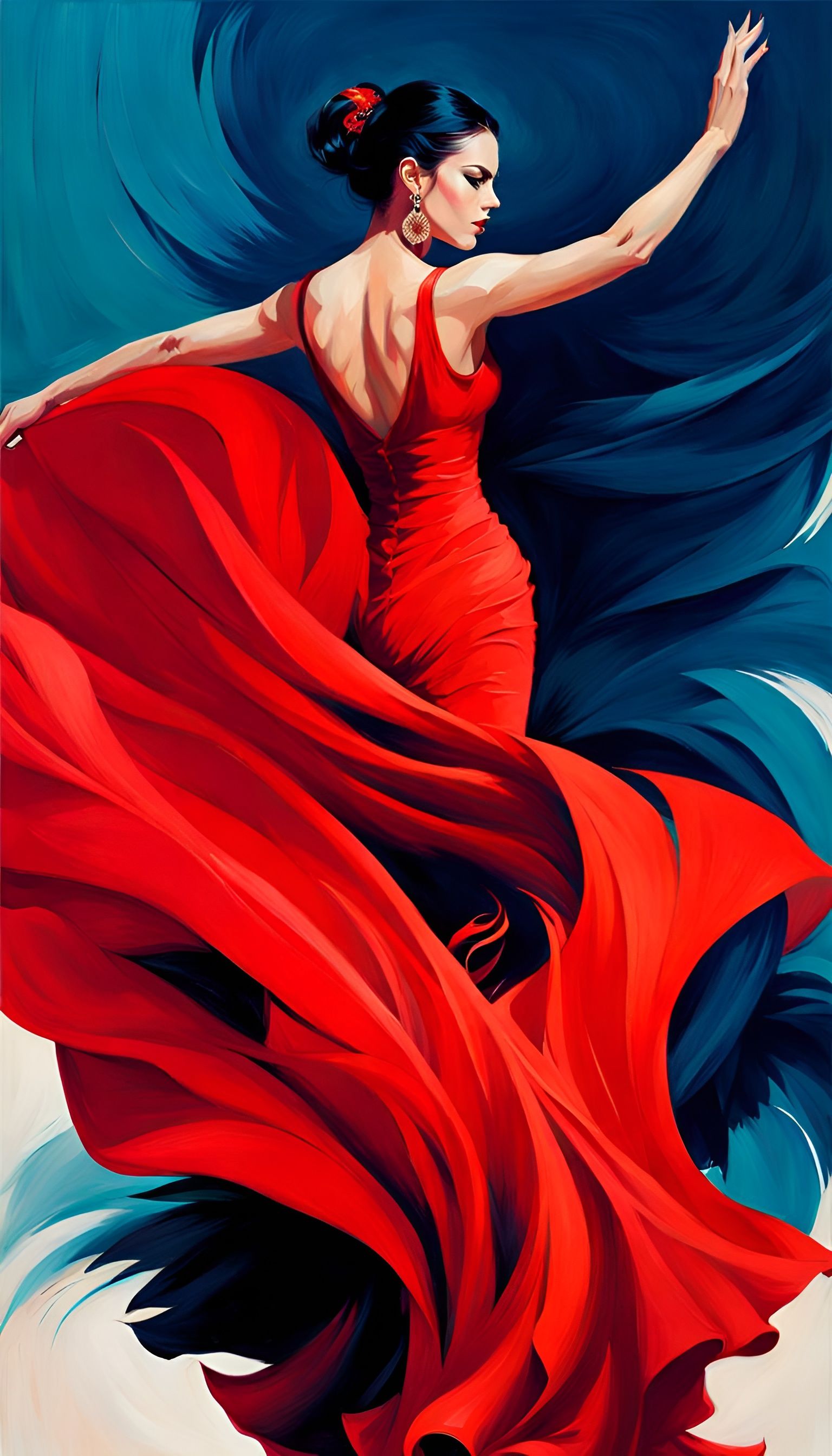 Flamenco Dancer in Flowing Red Dress, Art Deco Style