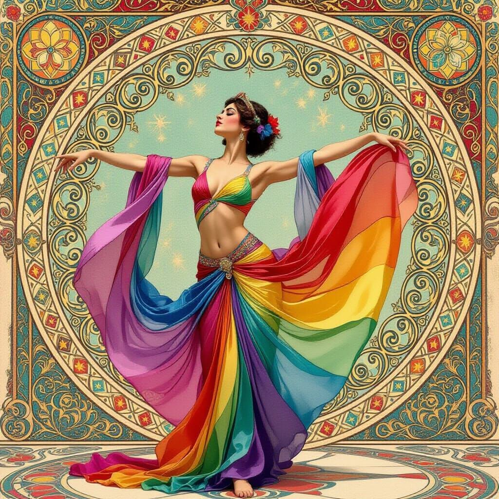 Gender-Fluid Dancer in Rainbow Silk, Art Nouveau Style