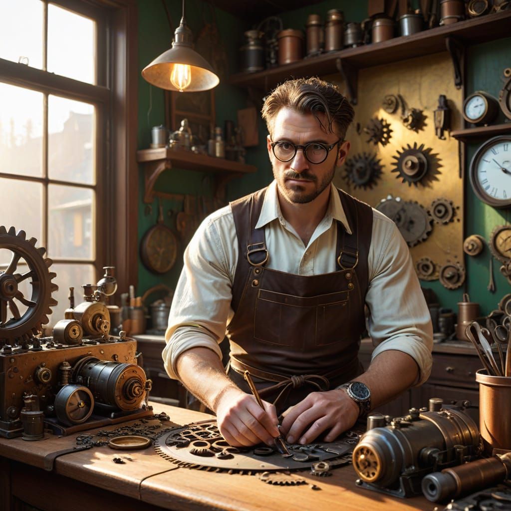 Steampunk Inventor in Victorian-Era Workshop