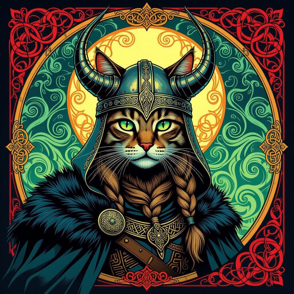 Viking Cat with Celtic Knot Helmet in Art Nouveau Style