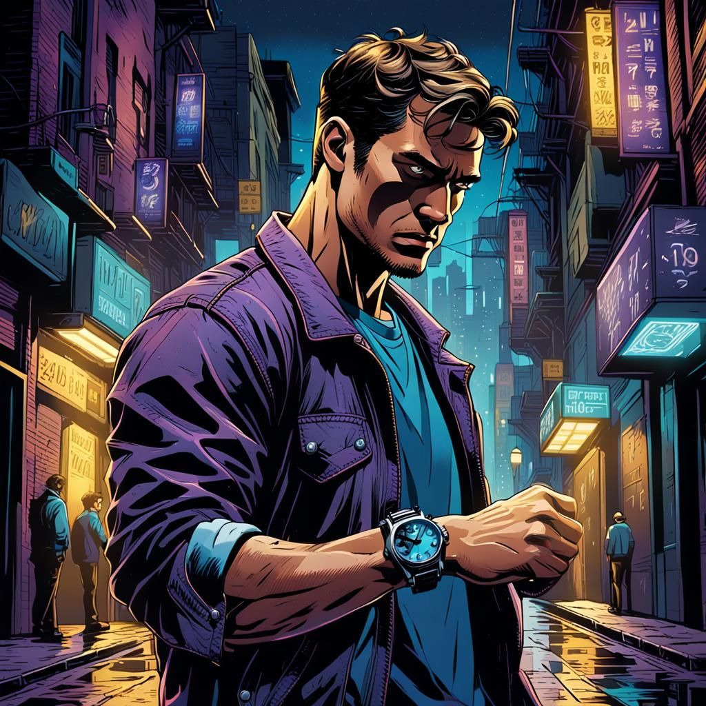 Man Checks Watch in City Alleyway, Comic Book Art
