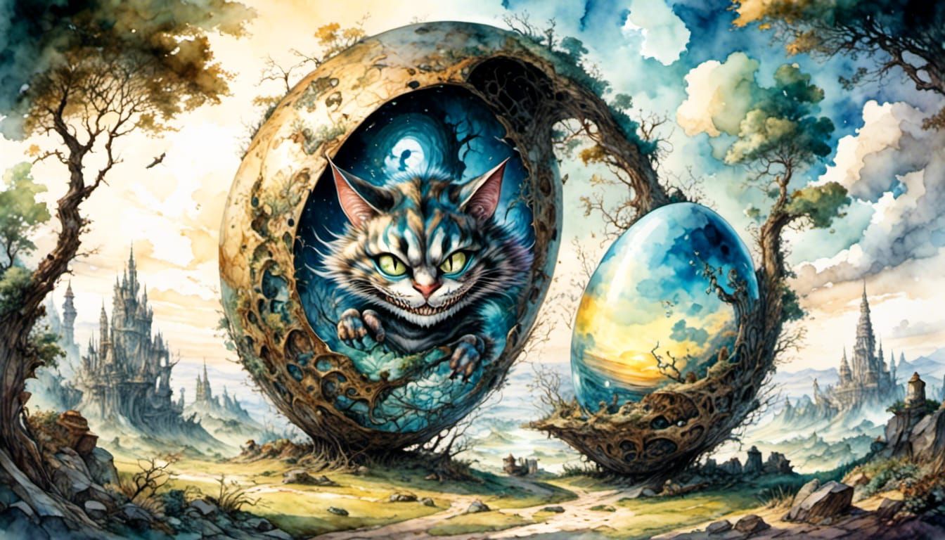 Cheshire Cat Hatching in Chromatic Surrealism Style