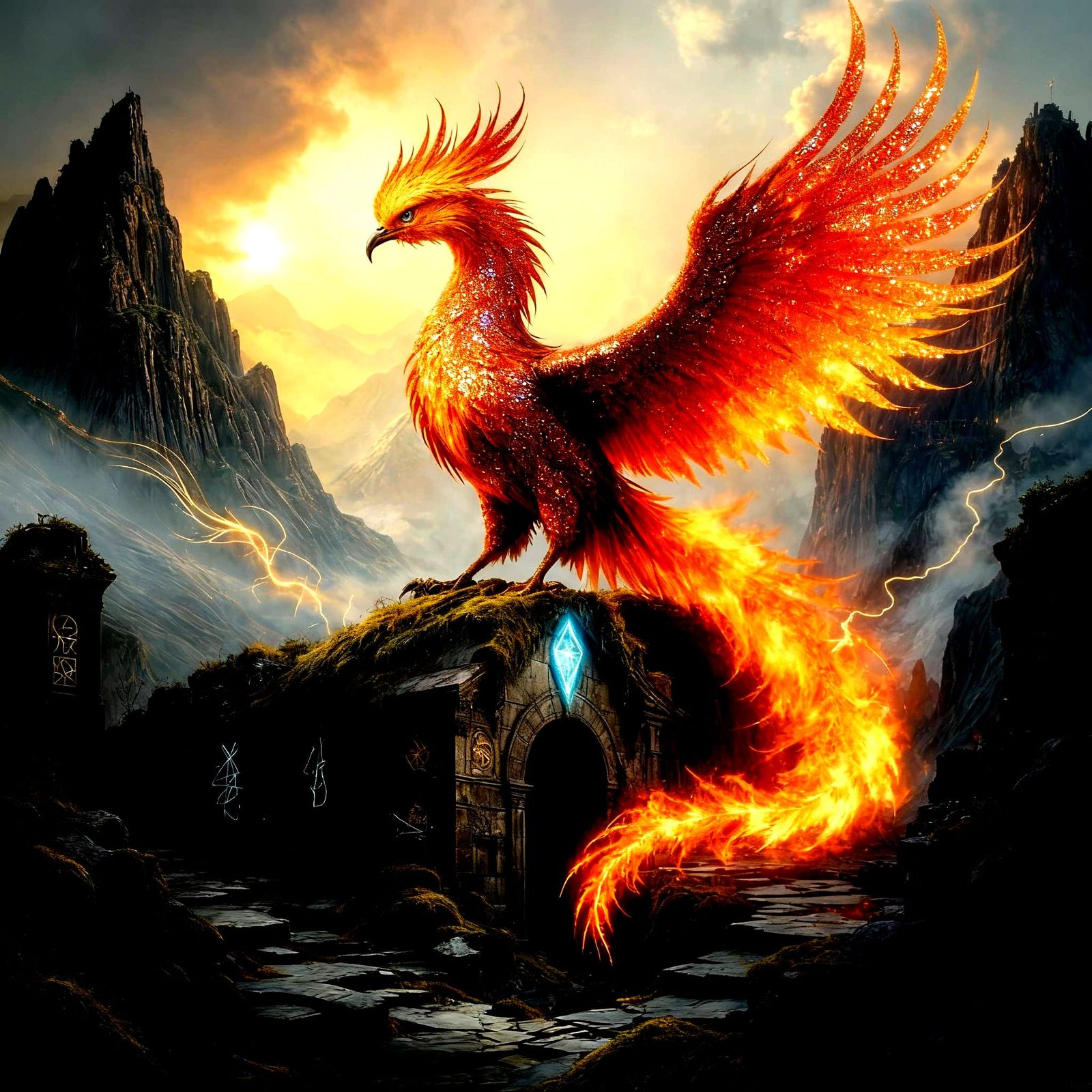 Majestic Gold Phoenix on Ruin in Misty Valley