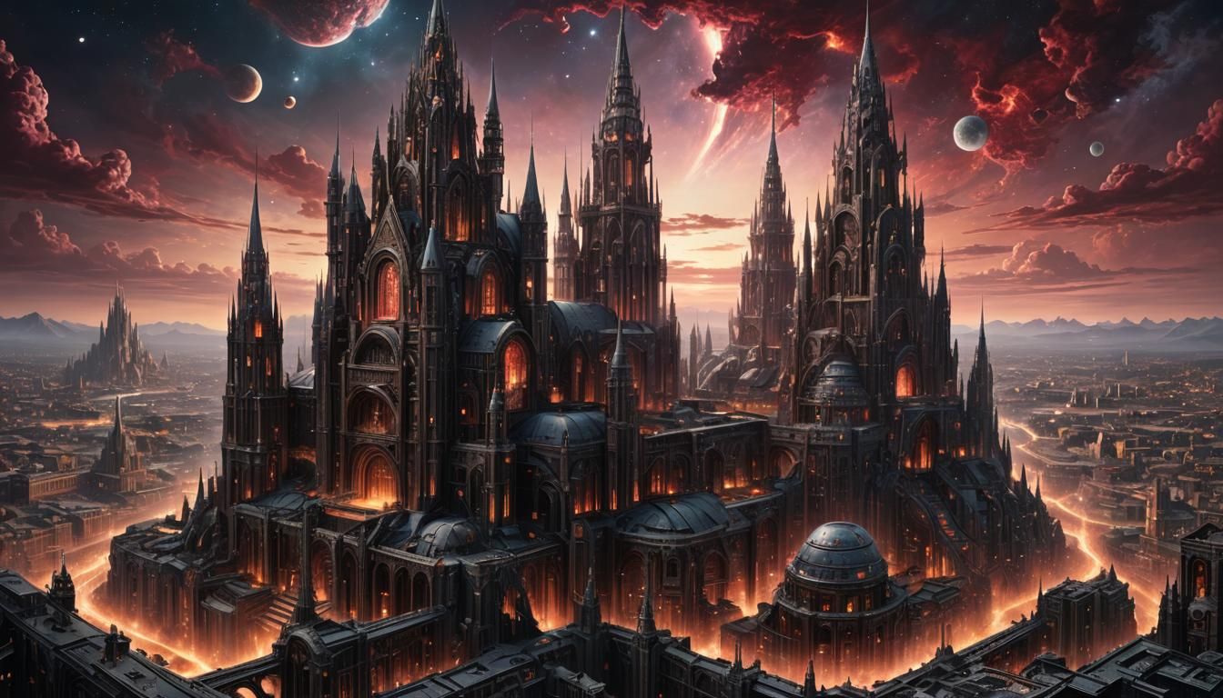 Gothic Dystopian Cityscape Under Burgundy Suns