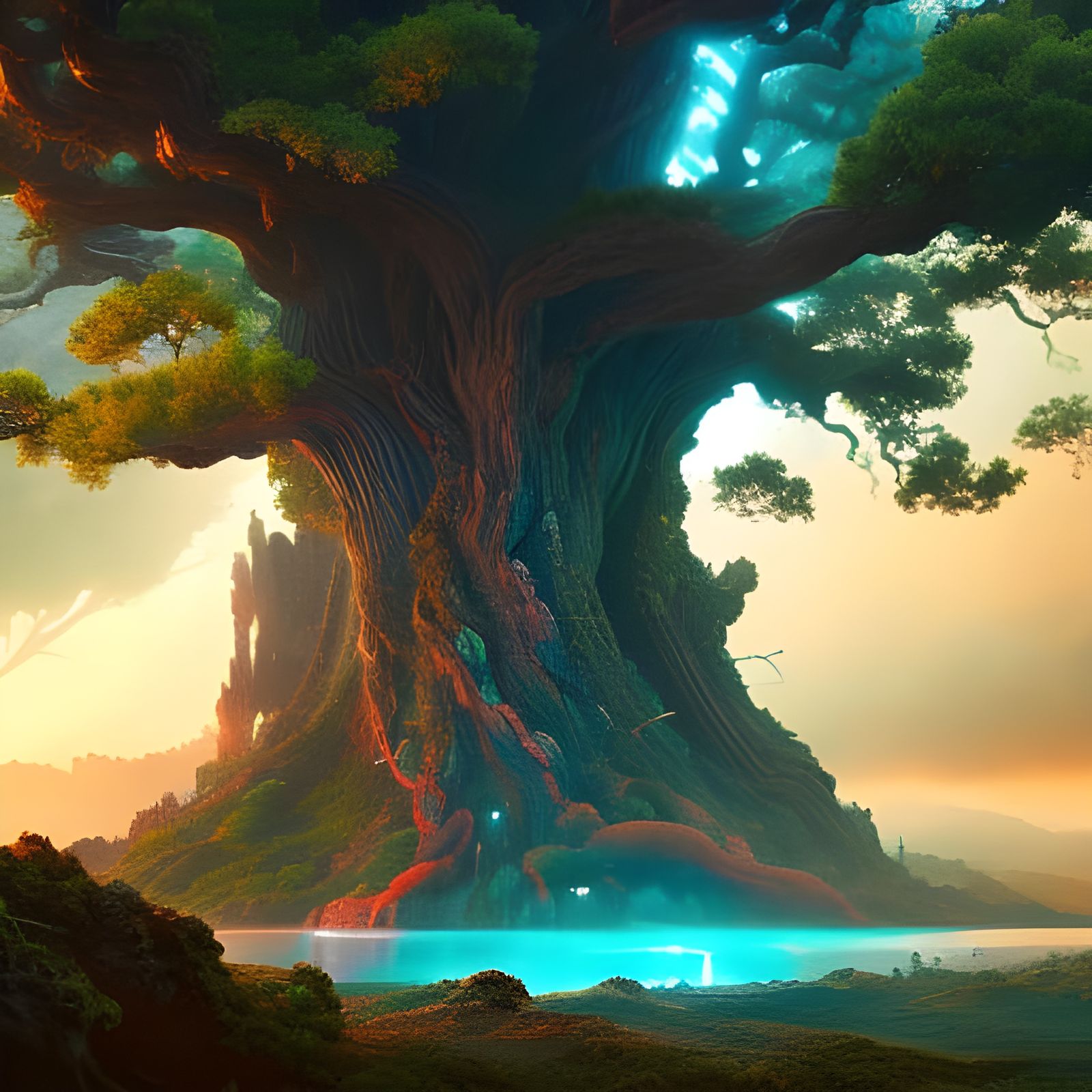 Majestic Lava Oak Tree with Cyan Lightning