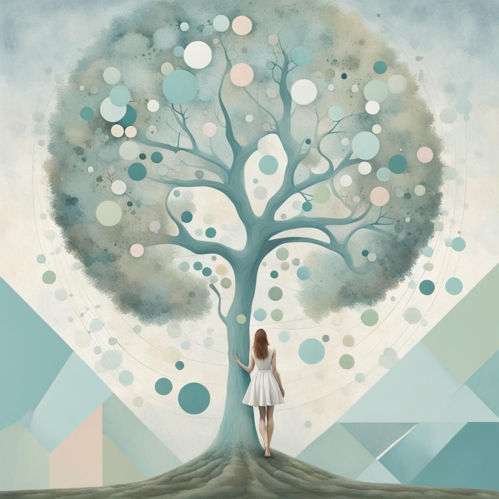 Surreal Pastel Dreamscape with White Tree and Woman